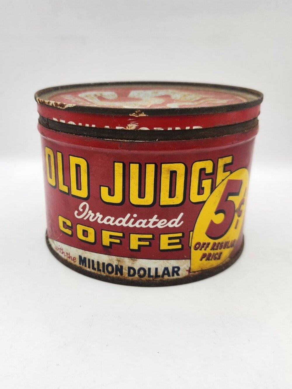 Old Judge Irradiated Coffee Red Color Round Tin Can Original 5" x 5" x 3.75"H